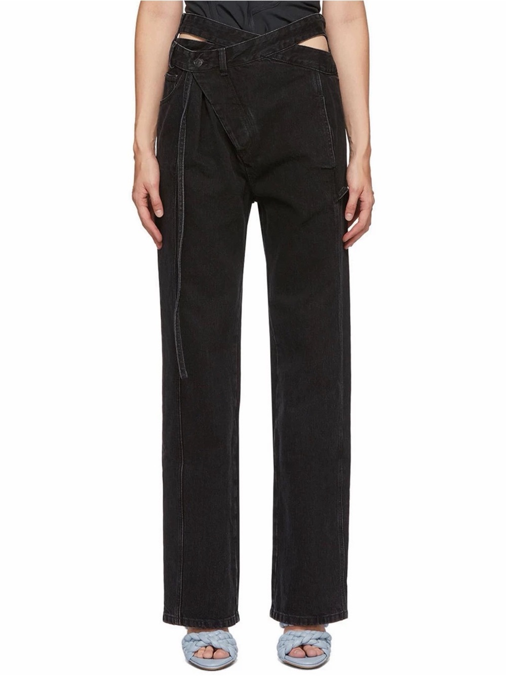 Y2K Asymmetric Wrap Waist Cutout Wide Leg Black Jeans